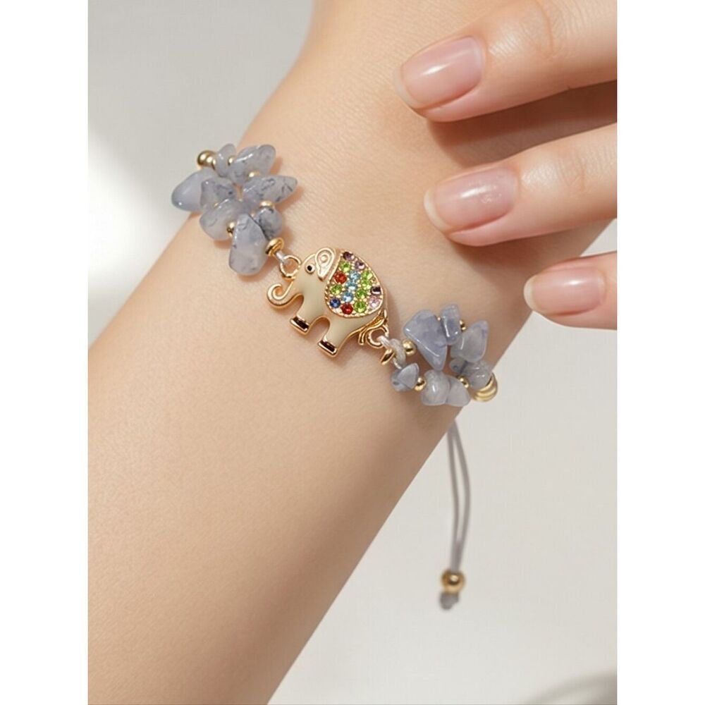 Labradorite Crystal Beaded Elephant Bracelet Adjustable String Gold Enamel Charm